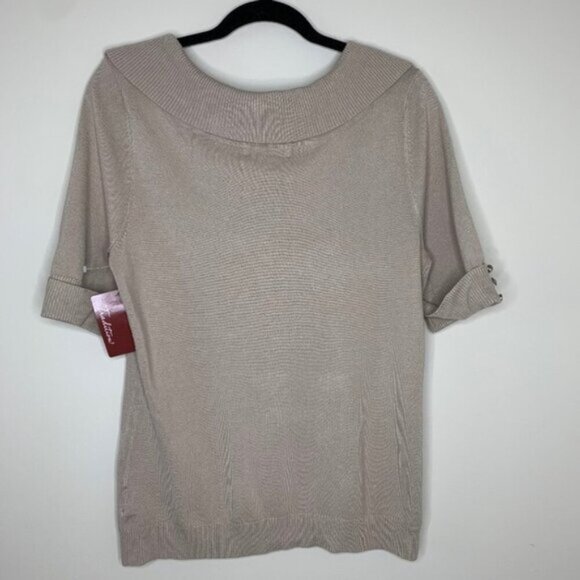 Tradition Women's Cowl Neck Sweater Top 3/4 Length Sleeve Stretch Taupe y2k - Picture 14 of 16